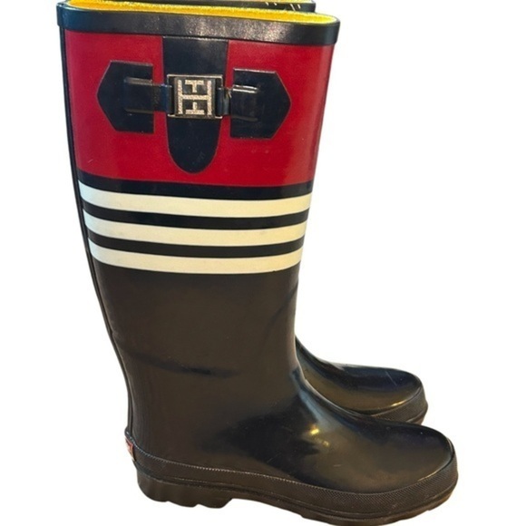 TOMMY HILFIGER TALL RUBBER RAIN BOOTS + BRUSHED NYLEX LINING, NAVY BLUE & RED, 6 - Picture 1 of 7